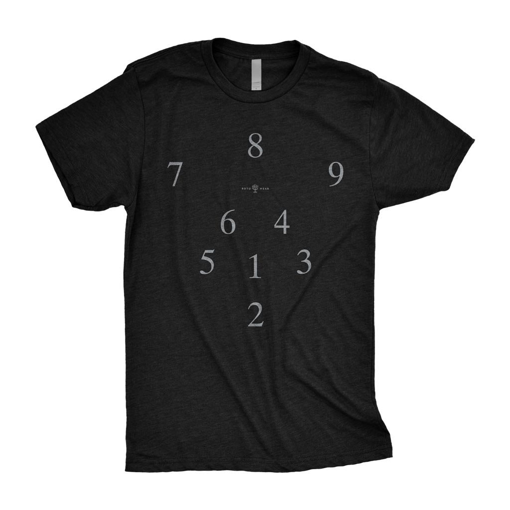 Numbers Game Shirt | Original Baseball RotoWear Design made up of 7 8 9 6 4 5 1 3 2 in the arrangement of baseball fielding positions