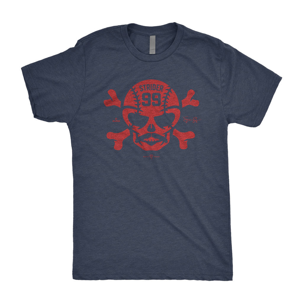 Strider Skull Shirt | Spencer Strider 99 Mustache Skull & Crossbones Atlanta Baseball MLBPA RotoWear