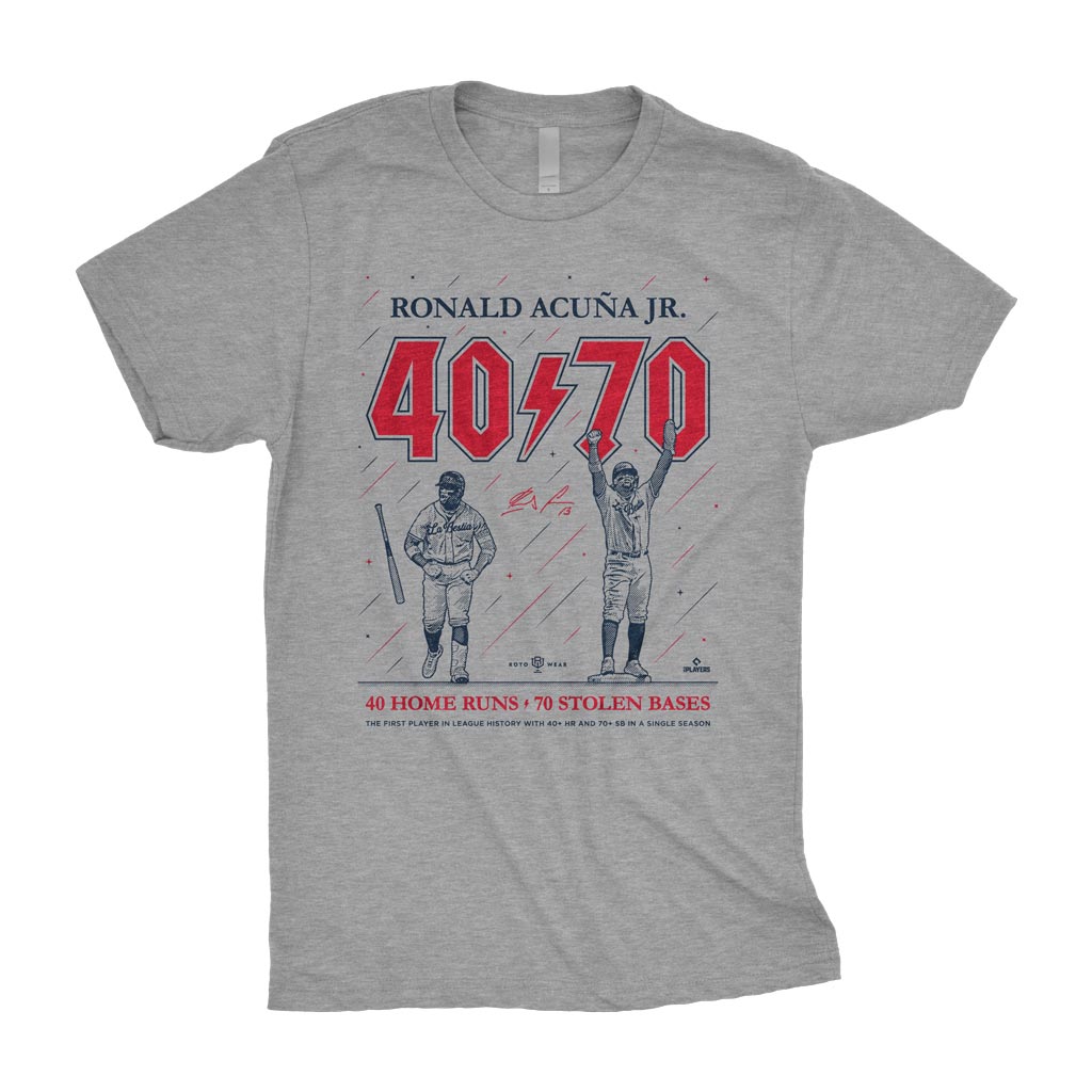 Acuña: 40/70 Shirt | Ronald Acuña Jr. 40 Home Runs 70 Stolen Bases Atlanta Baseball MLBPA RotoWear