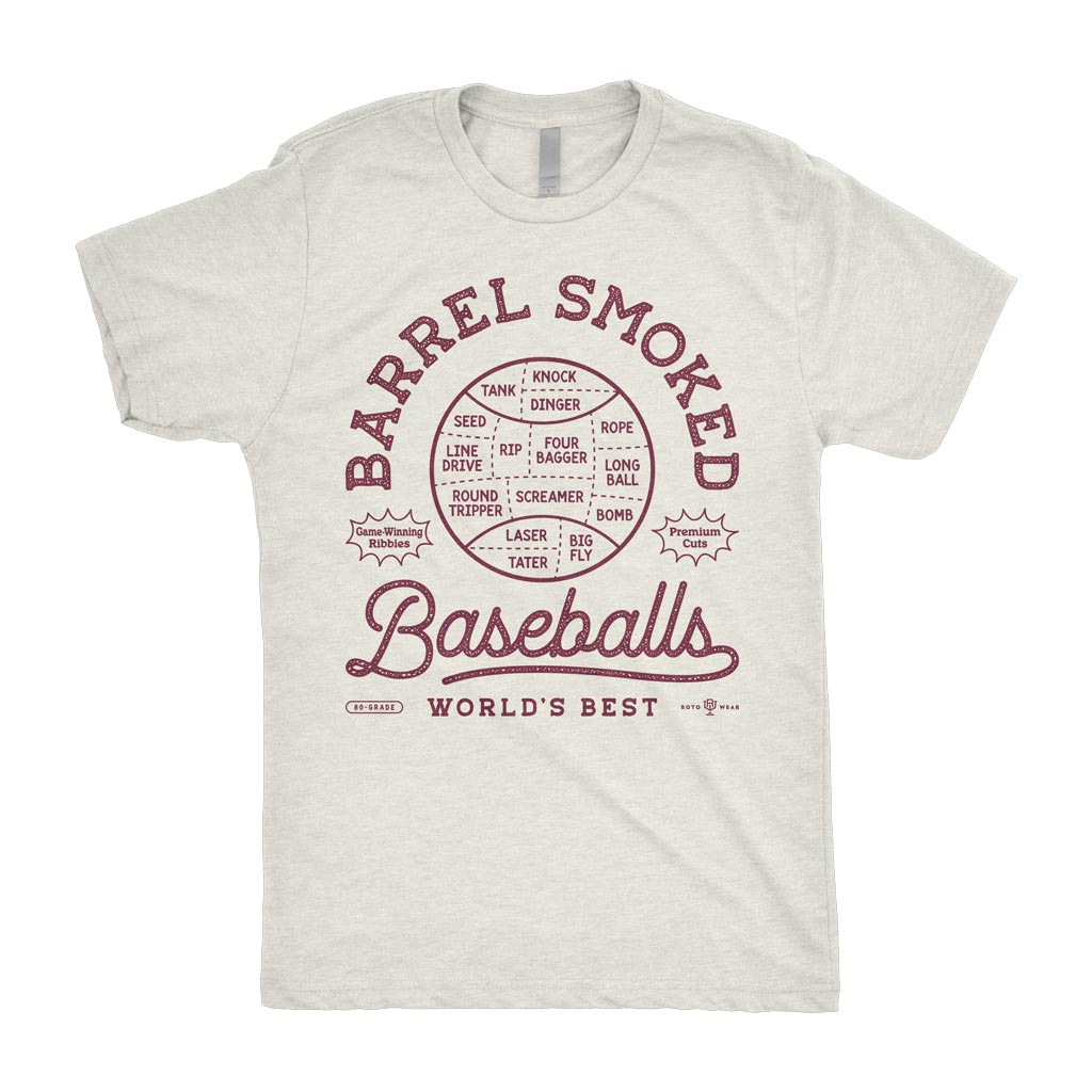 Barrel Smoked Baseballs Shirt | Original Baseball Meat Cut Chart BBQ RotoWear Design Tank Knock Dinger Seed Line Drive Rip Four Bagger Rope Long Ball Bomb Round Tripper Screamer Laser Tater Big Fly Game-Winning Ribbies Premium Cuts 80-Grade World’s Best