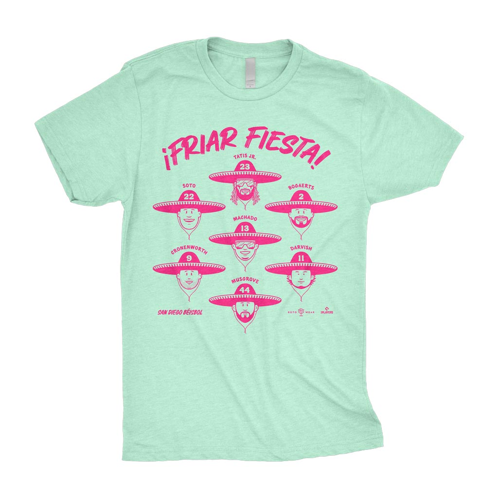 Friar Fiesta Shirt | Fernando Tatis Jr. Manny Machado Juan Soto Xander Bogaerts Joe Musgrove Yu Darvish Jake Cronenworth San Diego Béisbol Sombrero Baseball MLBPA RotoWear