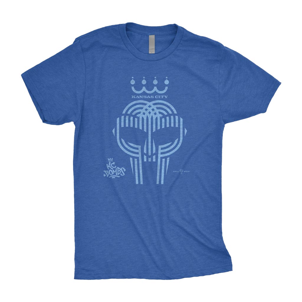 KC Bombs Shirt | Kansas City Baseball Home Run Celebration Gladiator Doom Mask Royal Blue Original RotoWear Design