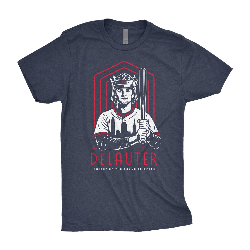 Chase DeLauter: Knight Of The Round Trippers Shirt | Cleveland Baseball Homer Helmet MLBPA RotoWear