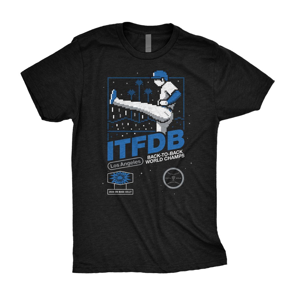 LA Kick Celly Shirt | ITFDB Los Angeles Baseball Back-to-Back World Champs 8-Bit Pixel Retro Video Game Original RotoWear Design