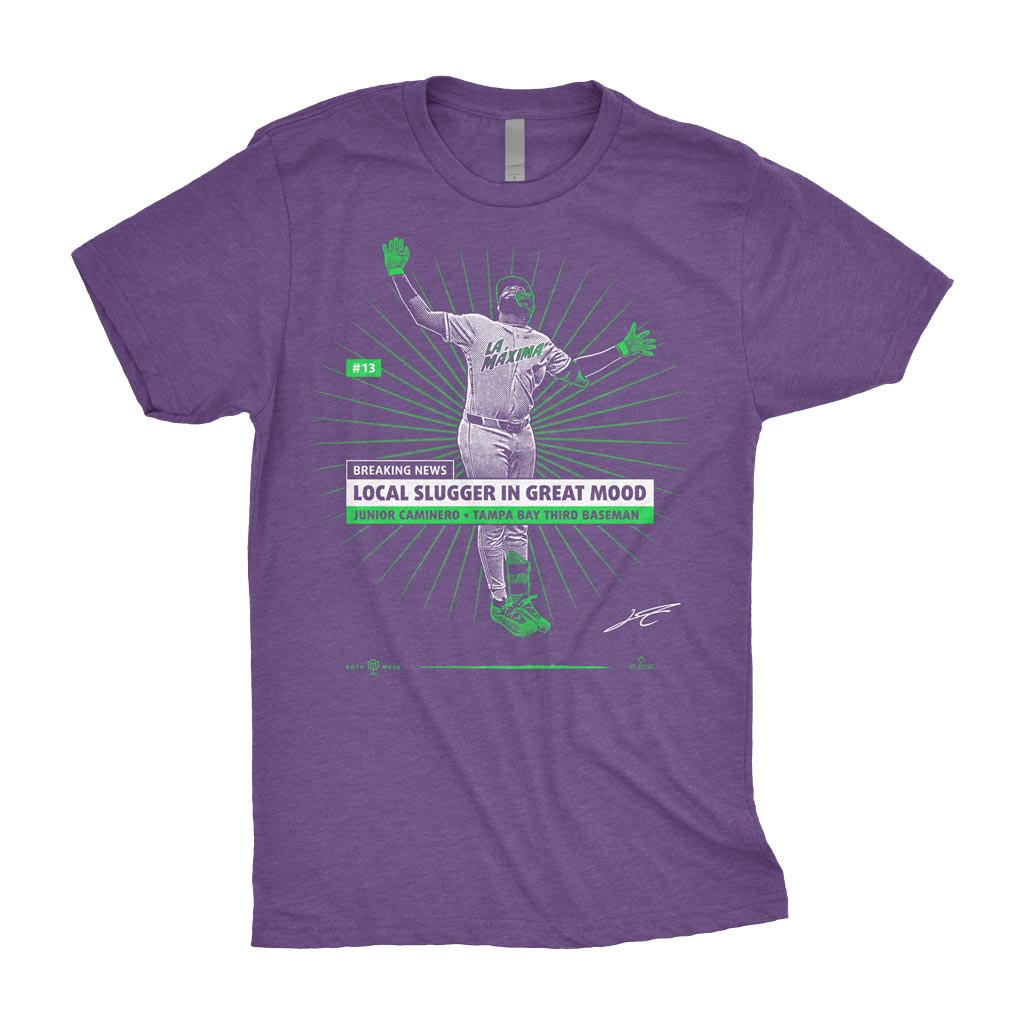 Local Slugger In Great Mood Shirt | Junior Caminero La Máxima Tampa Bay Baseball Breaking News Local Stingray Meme MLBPA RotoWear