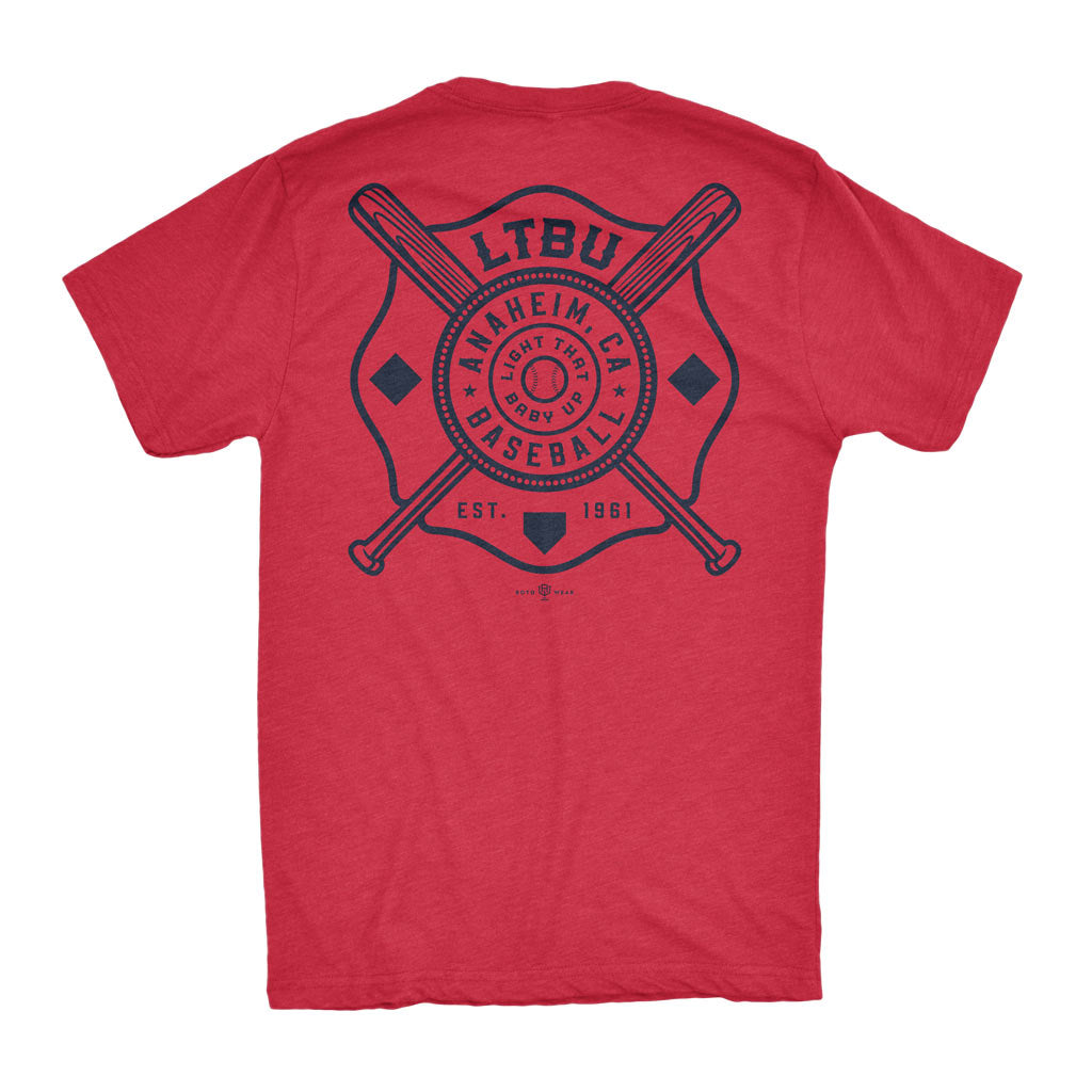 LTBU Shirt | Light That Baby Up Anaheim California Baseball Est 1961 Fire Station Department Badge Maltese Cross Original RotoWear Design