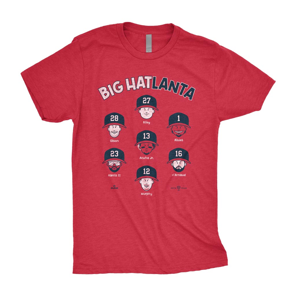 Big Hatlanta Shirt | Ronald Acuña Jr. Austin Riley Matt Olson Michael Harris II Ozzie Albies Sean Murphy Travis d’Arnaud Atlanta Baseball Big Hat Home Run Celebration MLBPA RotoWear