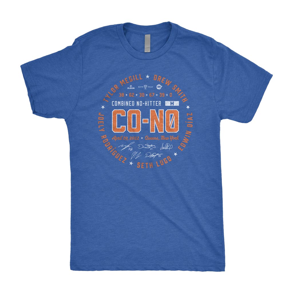Queens Co-No Shirt | Tylor Megill, Drew Smith, Joely Rodríguez, Seth Lugo and Edwin Díaz Combined No-Hitter NY Baseball RotoWear Pitching Ninja MLBPA