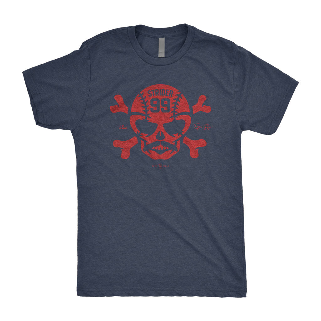 Strider Skull Shirt | Spencer Strider 99 Mustache Skull &amp; Crossbones Atlanta Baseball MLBPA RotoWear